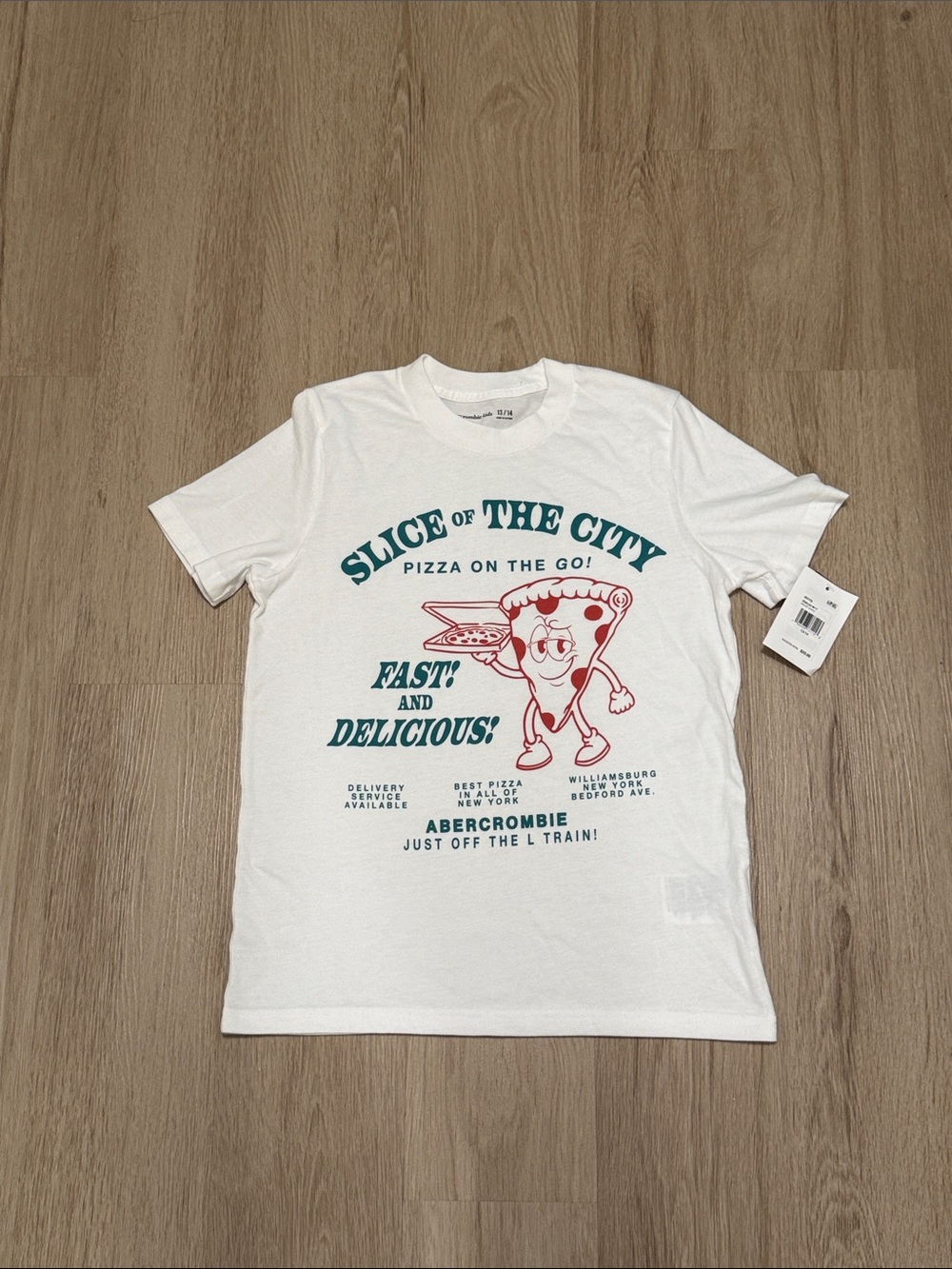 Abercrombie & Fitch White Pizza Graphic Tee with Green and Red Print